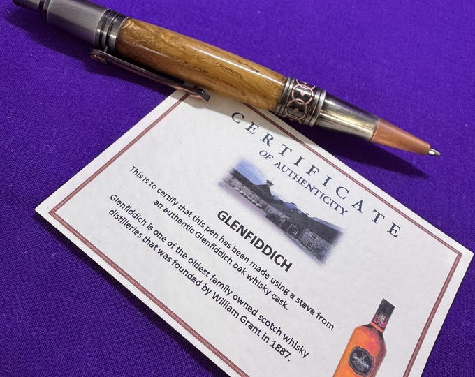 Handcrafted Art Deco Ballpoint Pen: Glenfiddich Whisky Cask Wood, Gunmetal & Rose Copper-click action