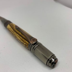 Handcrafted Art Deco Ballpoint Pen: Italian Olive Wood, Gunmetal & Rose Copper