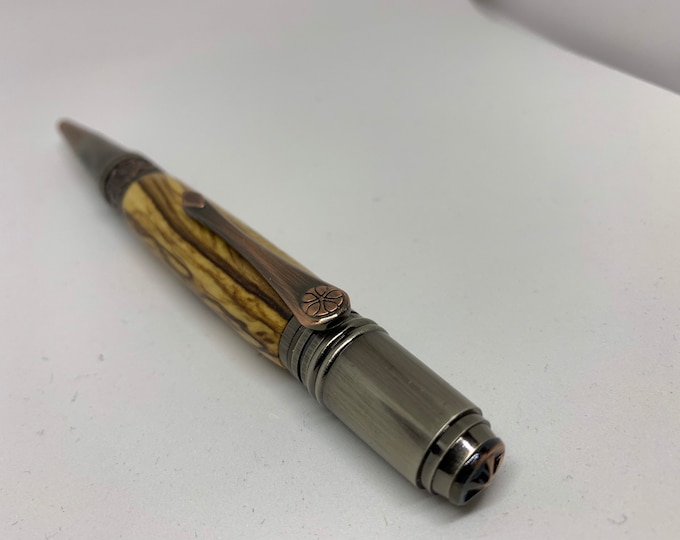Handcrafted Art Deco Ballpoint pen in Italian Olive wood with gunmetal and rose copper finish