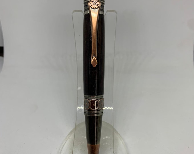 Art deco/ Celtic African Blackwood ballpoint pen in gunmetal and rose copper finish