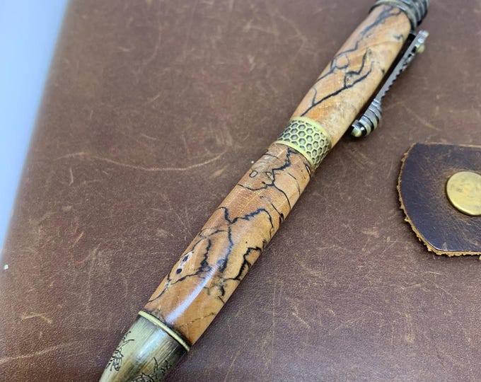 Handmade Spalted Beech Ballpoint Pen: Antique Bronze Bee Fittings