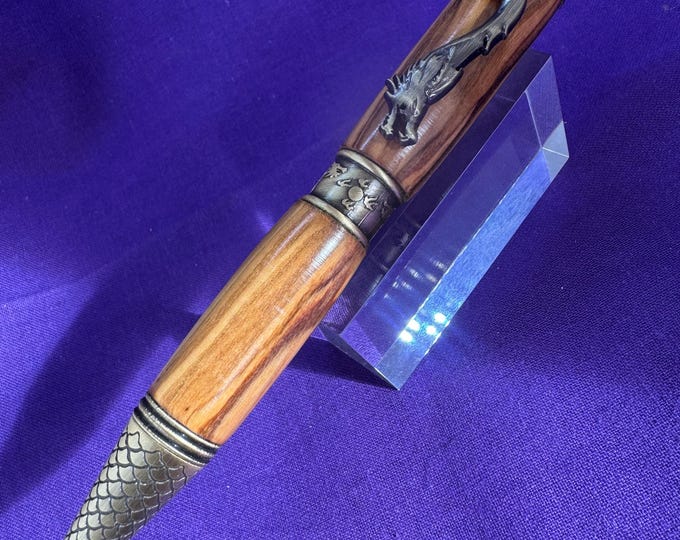 Dragon Pen, handcrafted from Italian Olive wood, ballpoint pen in antique polished bronze fitments