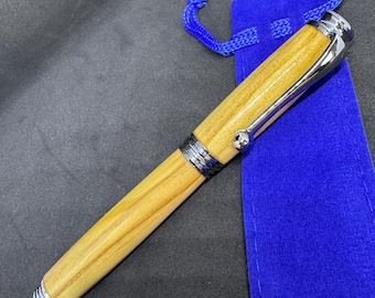 Olive wood rollerball Pen in Chrome, handcrafted using Italian olive wood