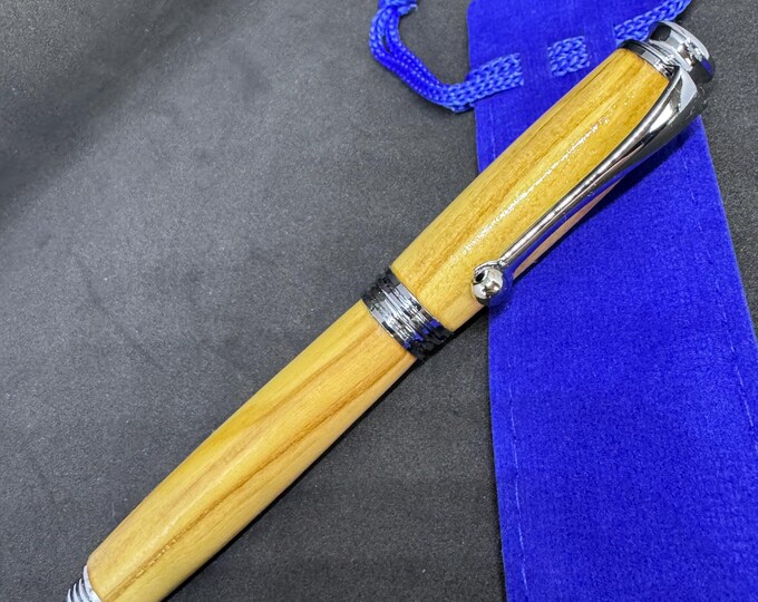 Olive wood rollerball Pen in Chrome, handcrafted using Italian olive wood