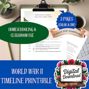 May include: A World War II timeline printable for homeschooling and classroom use. The document includes key events from 1939-1945, with a digital download option. The image features a clipboard, coffee, and a laptop with the words "Digital Download".