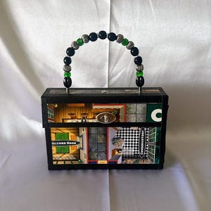 Bolso de mano reciclado con cuentas, tablero de juego Clue