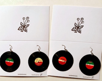 2 pairs mini vinyl record earrings;   2 matched earrings, 2 with random labels