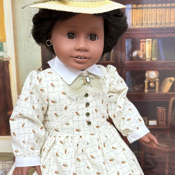 The Puzzler… premium cotton print day dress / hat…fits 18 inch dolls and dolls with similar body type.