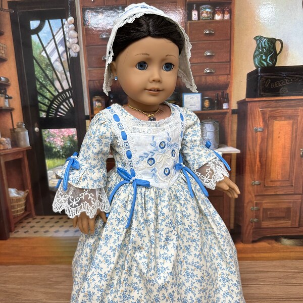 Last One…. Penny Rose heirloom dress in blue print fabric  / hat  / fits 18 inch dolls