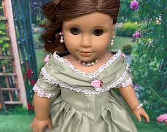 Garden Trellis…Pale Green satin embroidered 1860’s ballgown / jewelry…fits 18 inch dolls