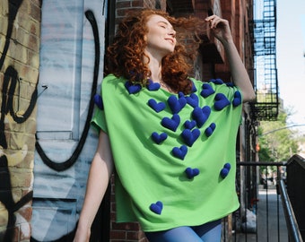 Dark blue heart oversize Green sweater Oversize Shirt, knit shirt, woman's shirts, slouchy shirt warm shirt off shoulder