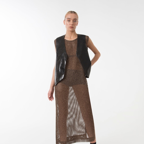 Brown see-through tube mesh dress