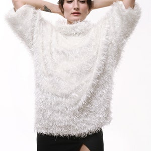 Oversize Fuzzy Sweater, White Fur sweater, women's winter sweaters, slouchy sweater warm sweater off shoulder, Shaggy sweater S M L image 6