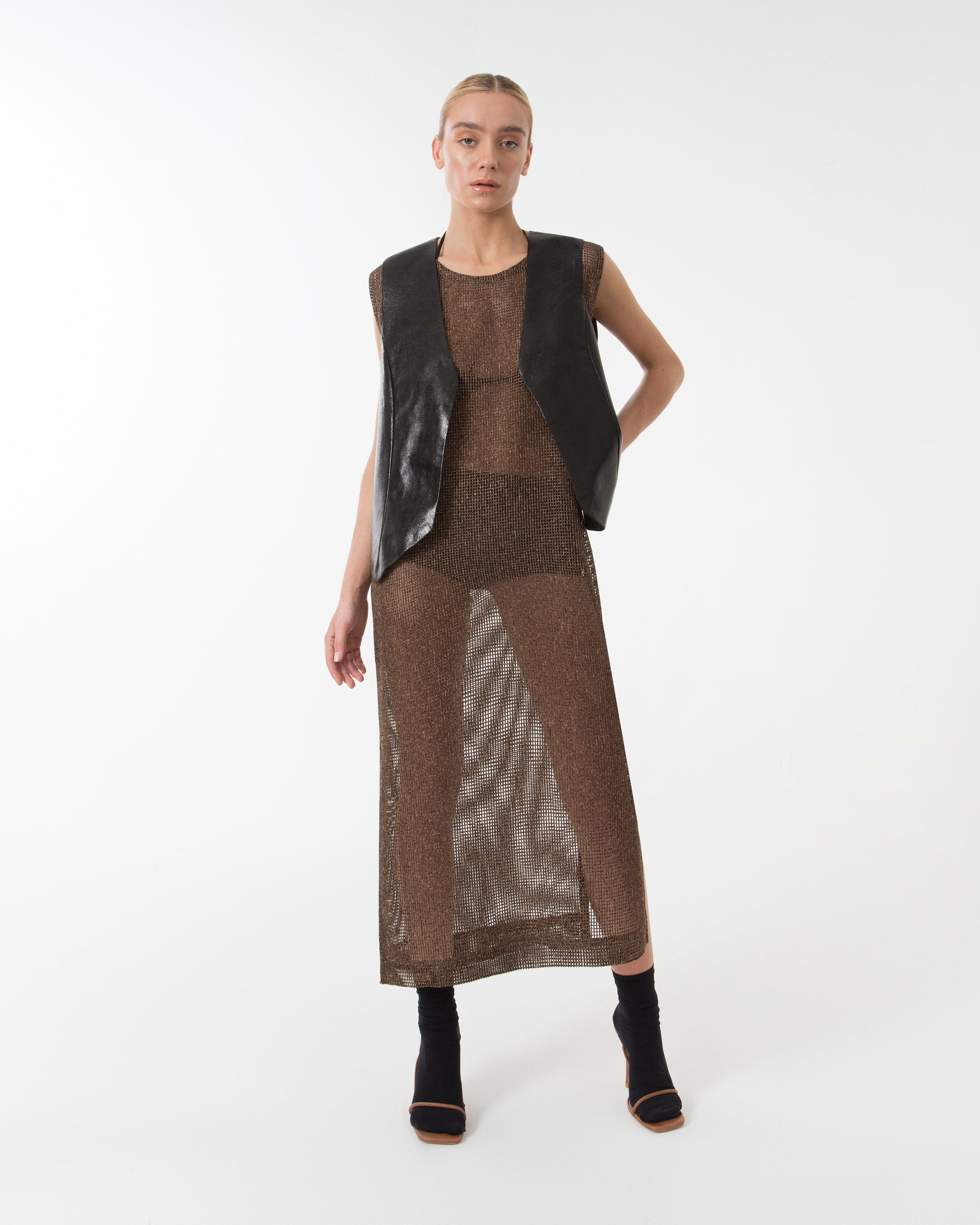 brown see through dress Draped Mesh Cut Out A Line Maxi Dress Brown