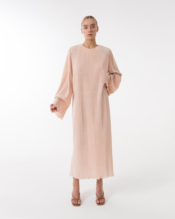 dusty pink pleated dress Annabel | Dusty PINK High-Neck Midi Dress With Pleating