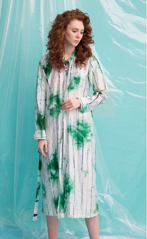 Green Shibori Dress, Boho Tie Dye Dress, Beach Cover Up, Light Shibori Cardigan