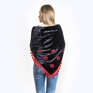 Black Triangular Velvet Scarf,  Warm velvet shawl, Black embroidered red flower blossoms, Silk lining with fringe