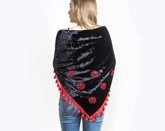 Black Triangular Velvet Scarf,  Warm velvet shawl, Black embroidered red flower blossoms, Silk lining with fringe