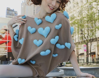 Blue heart oversize brown sweater Oversize Shirt, knit shirt, woman's shirts, slouchy shirt warm shirt off shoulder