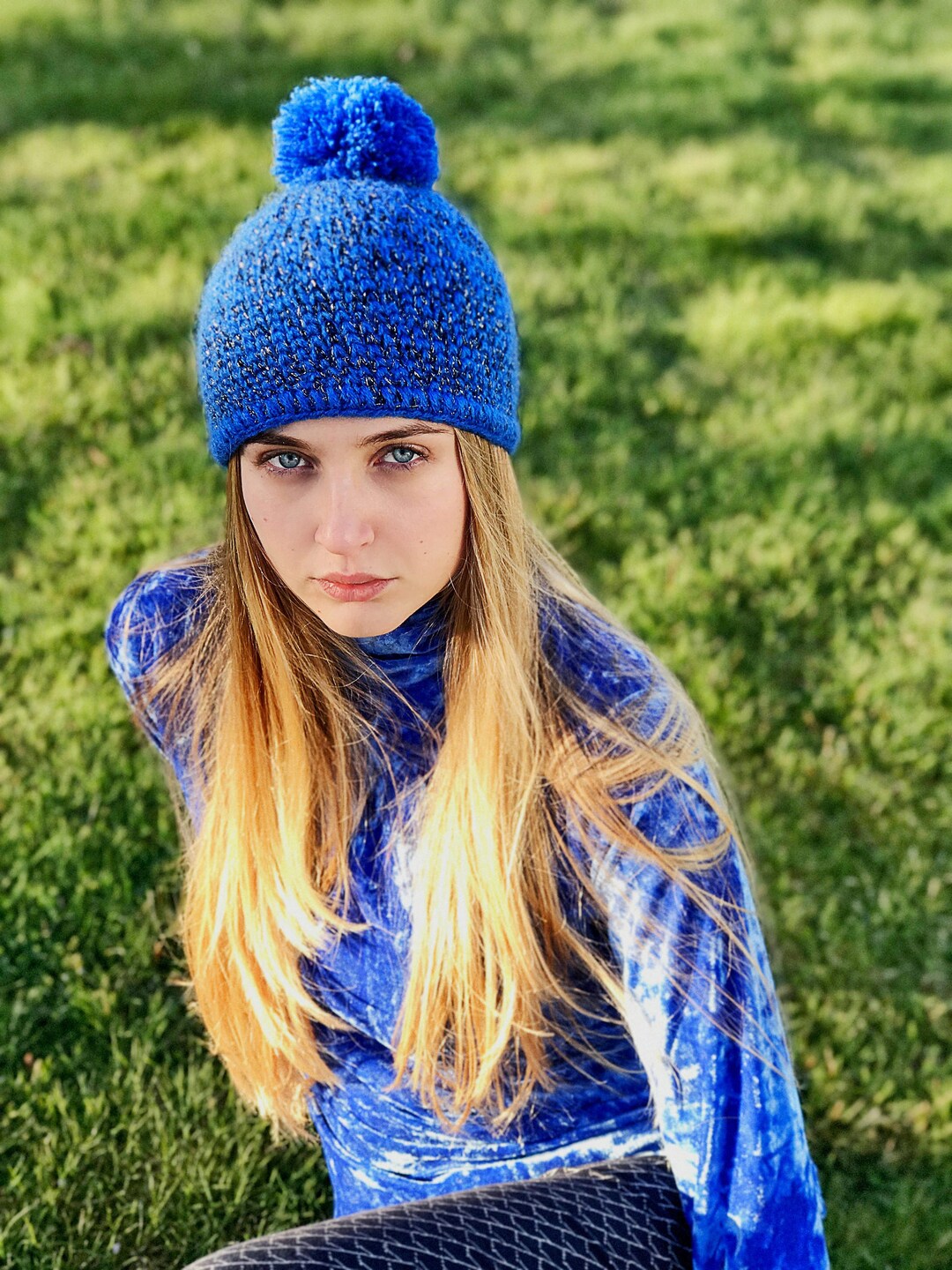 Handmade Blue Velvet Knit Beanie with Pom Pom Soft Winter Hat Velvet Beanie With Pom-pom: Ultra Soft Crochet Winter Hat - Etsy main image 2