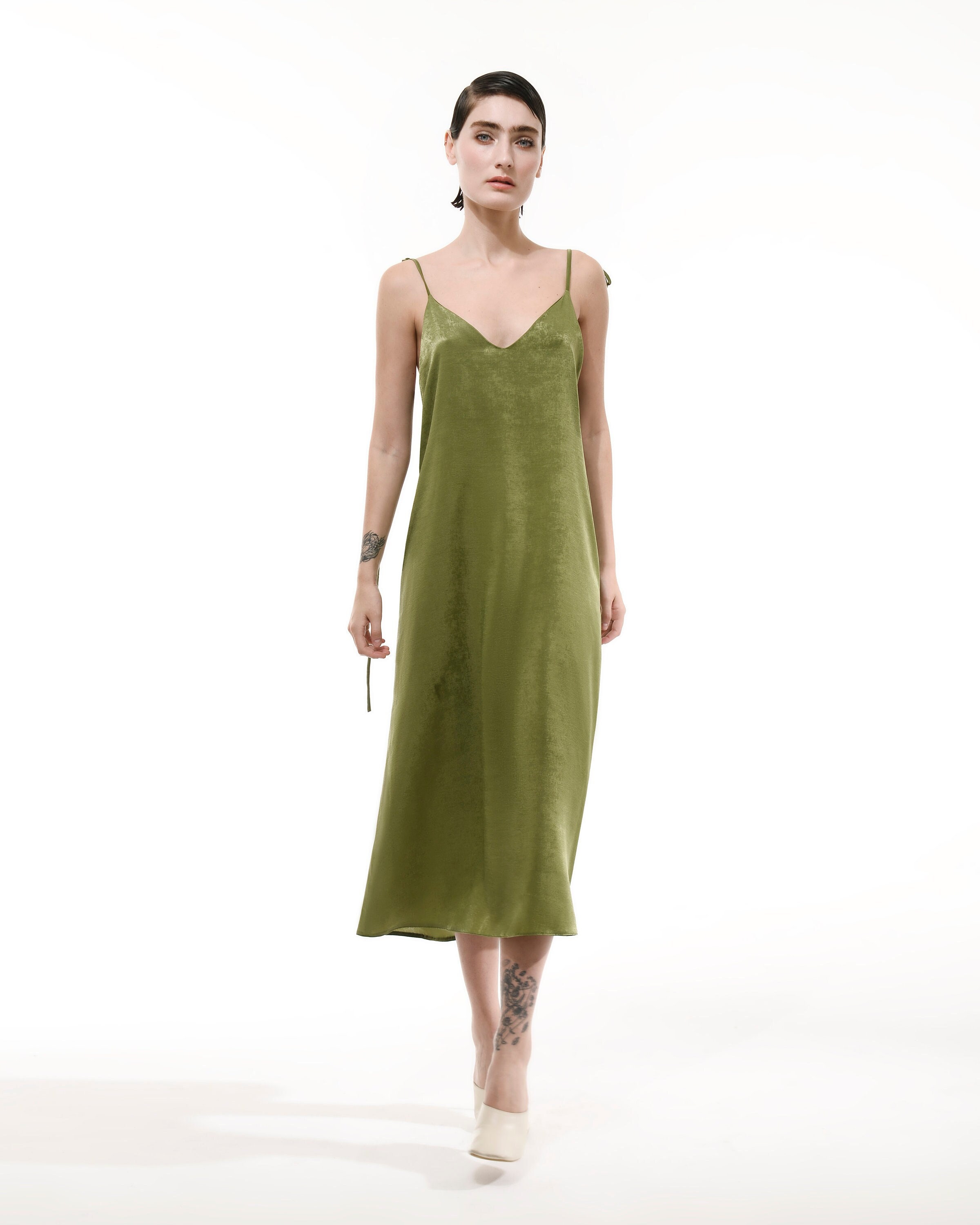 olive silk slip dress Olive Green Silk Satin Midi Length Slip Dress ,open Back Adjustable Spaghetti Straps,bias Cut Camisole Silky Dress