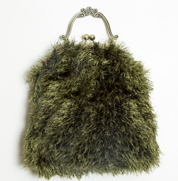 Olive fluffy fur clutch hand woven fuzzy handbag Y2K handbag Evening party purse Fashionista handbag Green fluffy bag