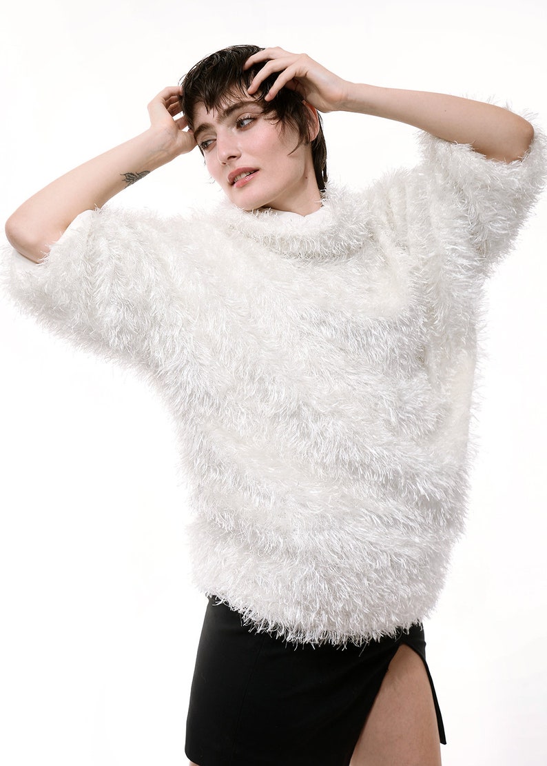 Oversize Fuzzy Sweater, White Fur sweater, women's winter sweaters, slouchy sweater warm sweater off shoulder, Shaggy sweater S M L image 7