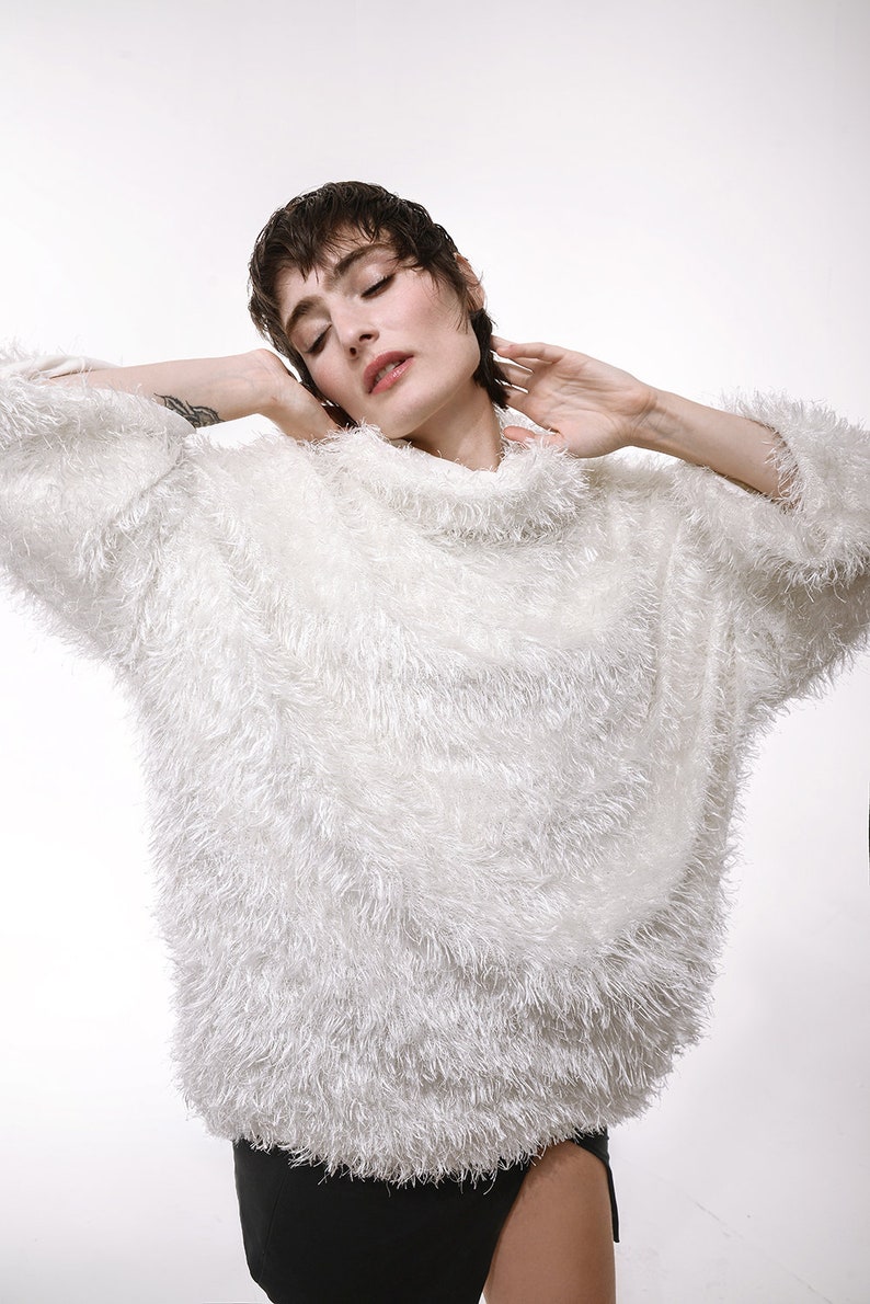 Oversize Fuzzy Sweater, White Fur sweater, women's winter sweaters, slouchy sweater warm sweater off shoulder, Shaggy sweater S M L image 2