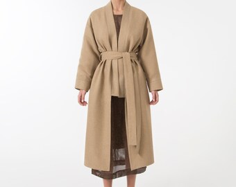 Beige tweed linen coat for Fall - Spring season