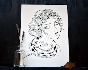Medusa Art Print 8.5x11, Snake Woman Wall Decor