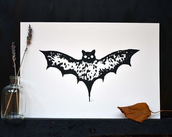 Flying Bat Art Print, Bat Wall Decor