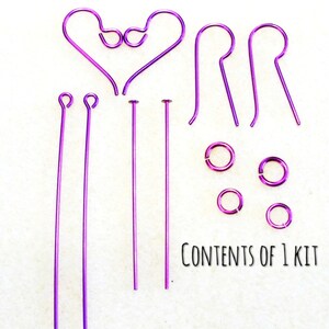 May include: A kit of purple jewelry making supplies, including earring hooks, head pins, jump rings, and a note that says "Contents of 1 Kit".