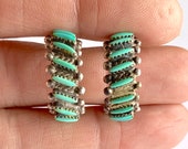 Zuni Sterling Silver Turquoise Needlepoint Hoop Earrings, Hoop Earrings, Turquoise Hoop Earrings, Zuni Earrings, Turquoise Earrings, Hoops