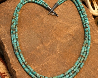 Vintage Santo Domingo Sterling Natural Turquoise Heishi Multi Strand Beaded Necklace, Turquoise Heishi Necklace, Santo Domingo Necklace