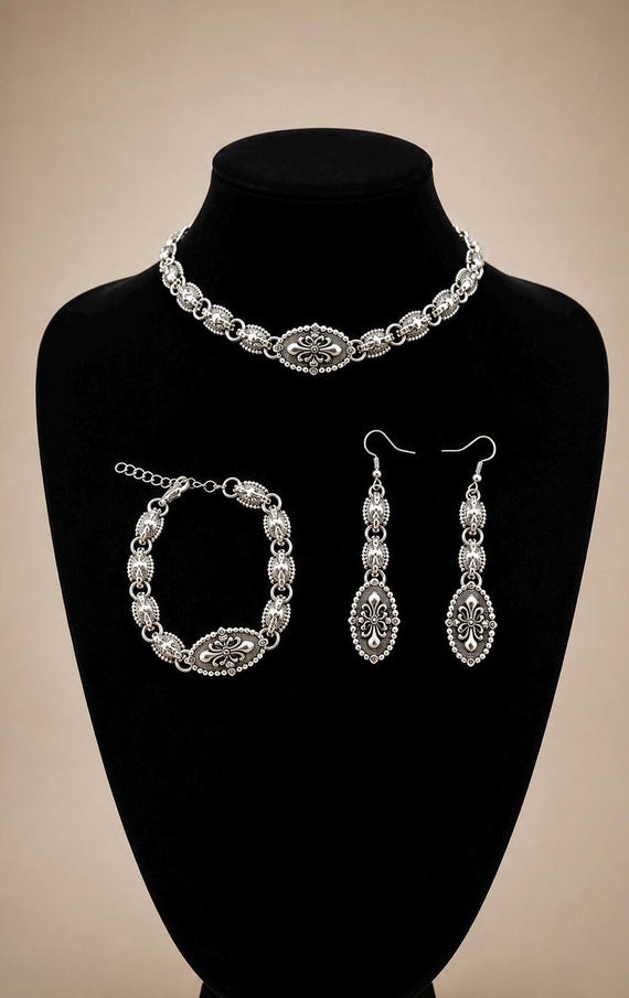 Victorian Fleur De Lis Costume Necklace Bracelet Earrings Jewelry Set, Fleur de Lis Bracelet, Fleur de Lis Necklace, Fleur De Lis Earrings