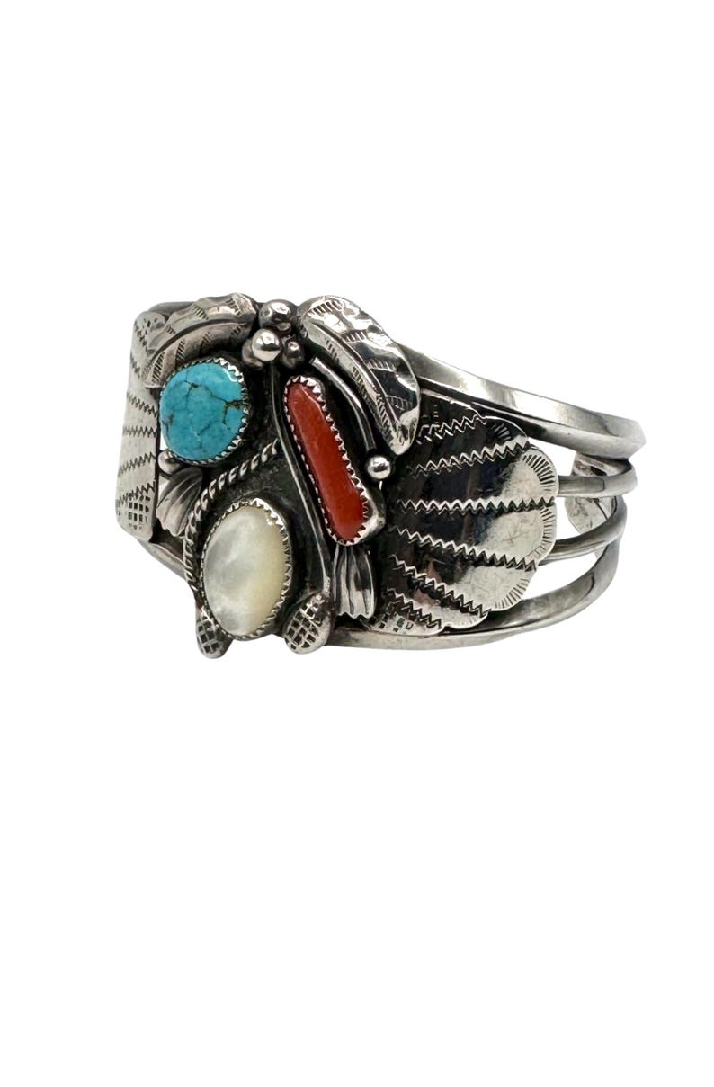 Vintage Navajo Sterling Silver Turquoise Coral Snake Cuff Bracelet 7 1/ ...
