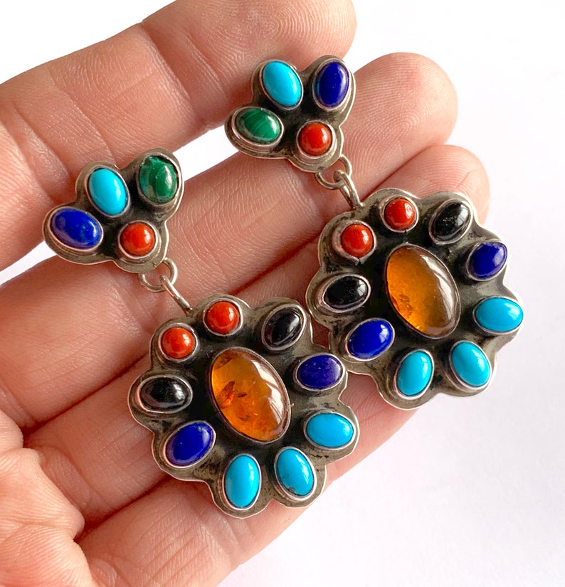 Turquoise Dangle Turquoise Earrings Navajo Earrings Coral Earrings Dangle Earrings Navajo Sterling Silver Multi Stone Dangle Earrings