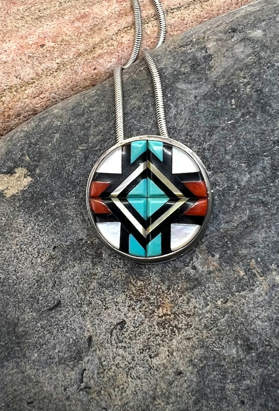 Vintage Zuni Sterling Silver Turquoise Coral Multi