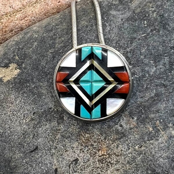 Vintage Zuni Sterling Silver Turquoise Coral Multi Stone Mosaic Inlay Pendant Necklace, Zuni Necklace, Turquoise Necklace, Zuni Inlay, Zuni