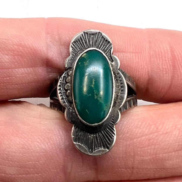 Authentic Vintage Fred Harvey Sterling Silver Faux Green Turquoise Ring 5.5-5.75, Fred Harvey Ring, Turquoise Ring, Southwestern Ring