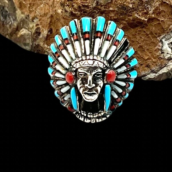 Southwest Navajo Style Sterling Silver Turquoise Multi Stone Indian Chief Men’s Ring 10.5, Turquoise Ring, Navajo Ring, Southwestern Ring