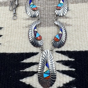 JM Navajo Native American Sterling Silver Turquoise Opal Multi Stone Inlay Bib Necklace, Navajo Necklace, Inlay Necklace, Navajo Multi Stone