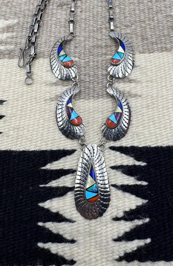 JM Navajo Native American Sterling Silver Turquoise Opal Multi Stone Inlay Bib Necklace, Navajo Necklace, Inlay Necklace, Navajo Multi Stone