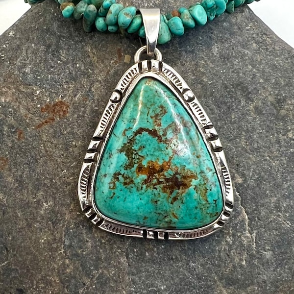 Calvin Peterson Darrel Cadman Signed Navajo Sterling Silver Natural Turquoise Pendant Beaded Necklace, Turquoise Necklace, Navajo Necklace