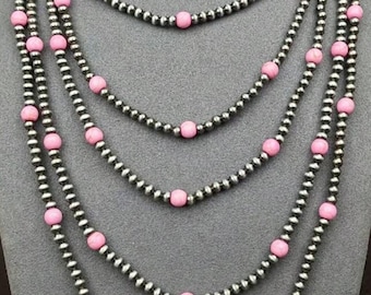 Sterling Silver Navajo Pearl Beads and Pink Conch Shell Necklace 