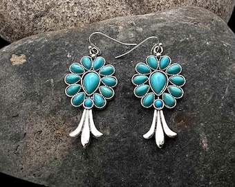 Southwest Silver Tone Faux Turquoise Cluster Squash Blossom Dangle Earrings, Southwest Earrings, Squash Blossom Earrings, Turquoise Earrings