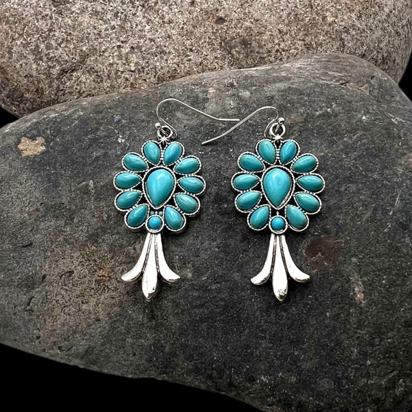 Southwest Silver Tone Faux Turquoise Cluster Squash Blossom Dangle Earrings, Southwest Earrings, Squash Blossom Earrings, Turquoise Earrings