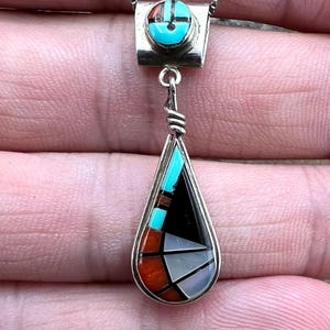 Tony Ola Eriacho Zuni Sterling Silver Multi Stone Sunface Pendant Necklace, Zuni Necklace, Turquoise Necklace, Zuni Inlay Necklace, Zuni