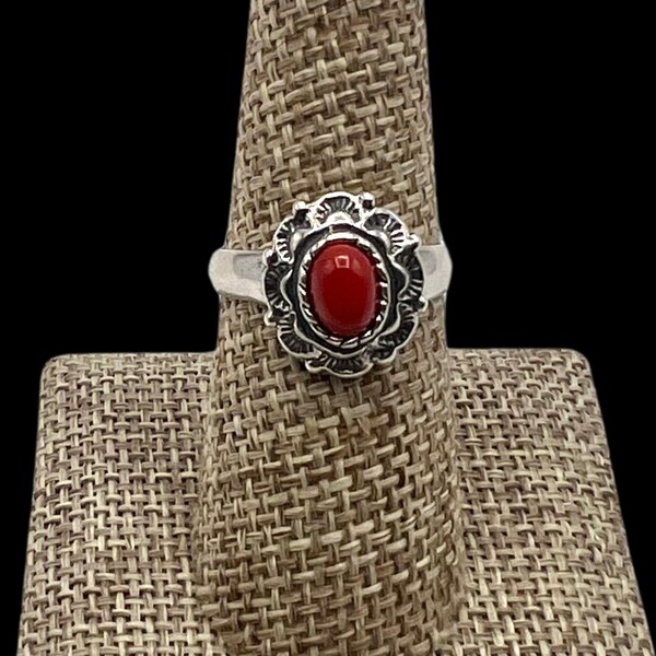 Quoc QT Southwestern Sterling Silver Natural Red Coral Ring 8, Southwestern Ring, Coral Ring, Quoc Ring, QT Ring, Southwest Sterling, Coral