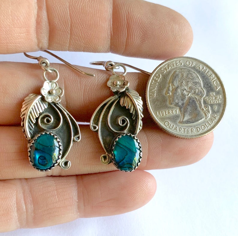 Dangle Earrings Navajo Earrings Navajo Sterling Silver Paua Shell Squash Blossom Dangle Earrings Southwestern Earrings Abalone Earrings